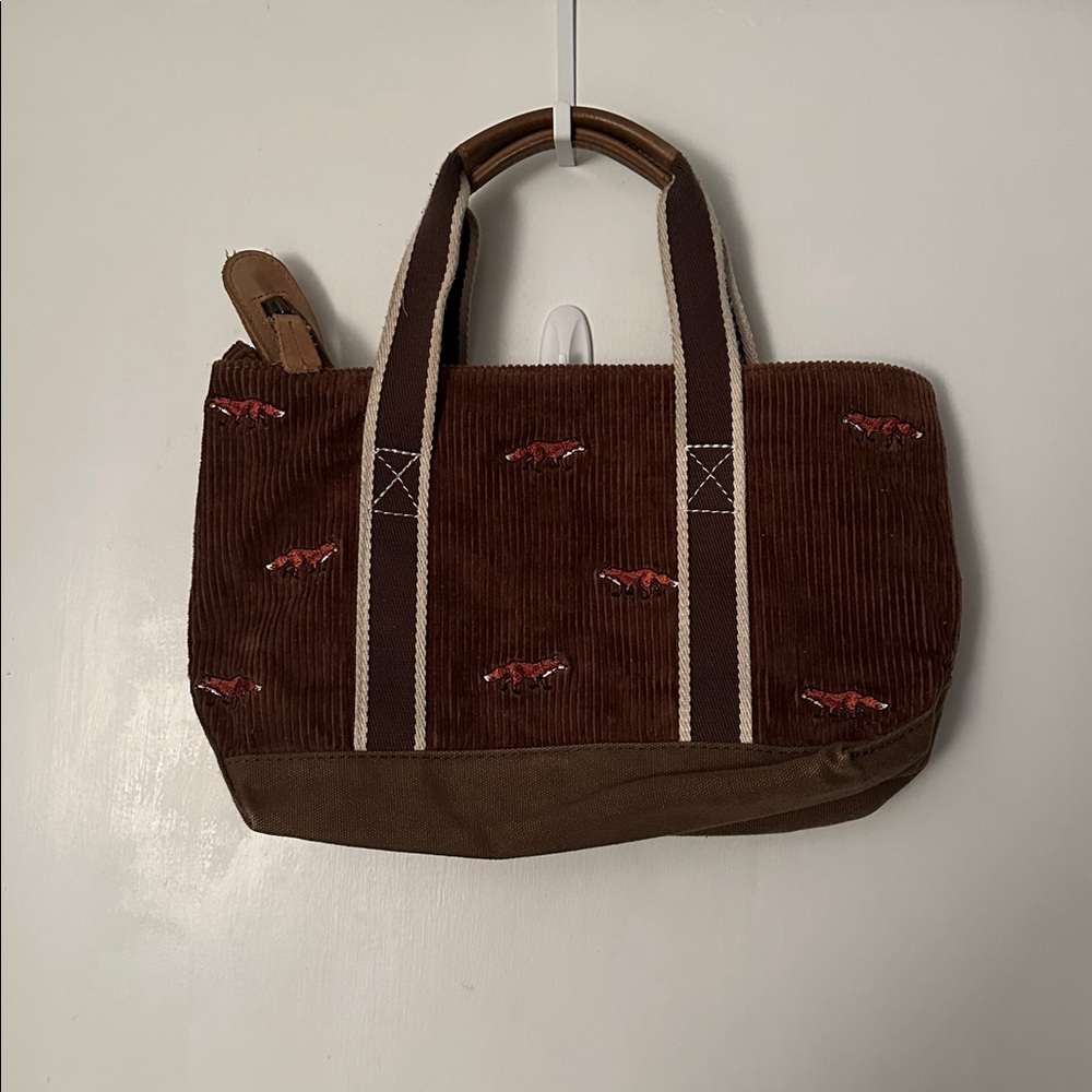 Vintage LL Bean Brown Small Corduroy Canvas Tote Bag With Fox Embroidery Purse